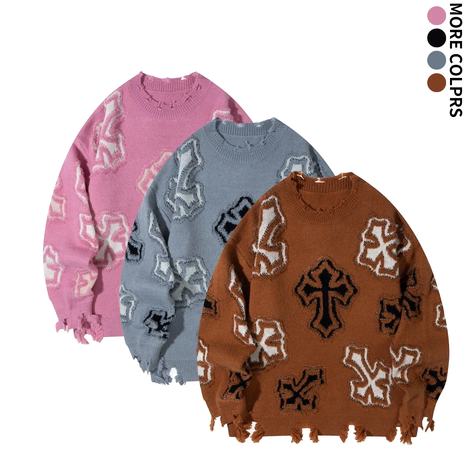Men’s crewneck sweater with distressed trim, jacquard fabric, relaxed drop-shoulder fit, dark street style, trendy streetwear suitable for everyday outings. Casual knitwear, thick, warm, and comfortable.