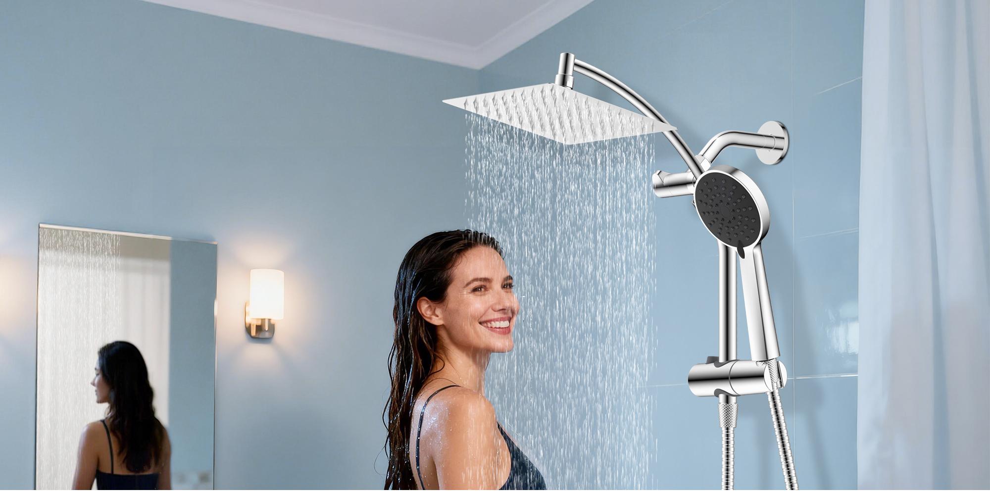 8" Luxurious Metal Rain Shower Head with Handheld, High Pressure Rainfall Shower Heads wih Extension Arm, Wide Dual Showerhead with Spray Combo, Bathroom Accessories, Chrome, Silver