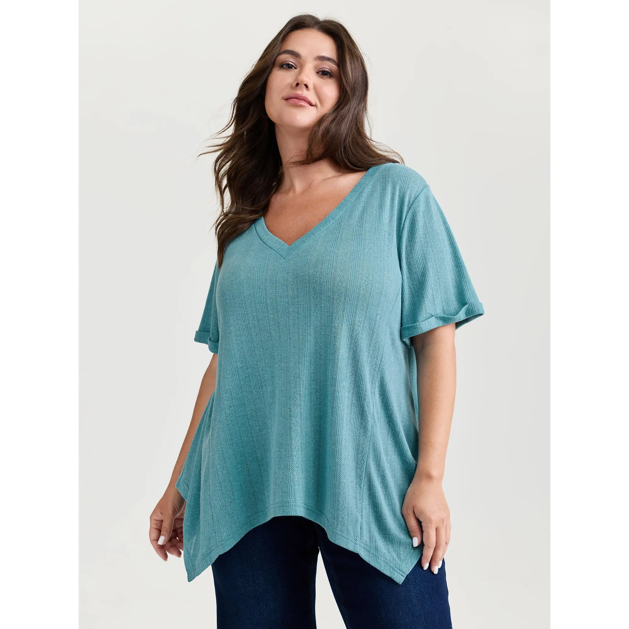 【Summer Turn-Up】BLOOMCHIC Plus Size Textured High Low Hem V-Neck T-Shirt [M-6X] 2026 Summer Vibes Fit Rayon Swimweek  Fit Top Fabric Sleeve