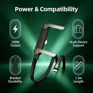 2-in-1 Fast Charging Cable & Phone Stand 240W Ultra-Fast Charge Compatible with Smartphone Samsung Type-C & Lightning Cable Gaming Office Car Travel