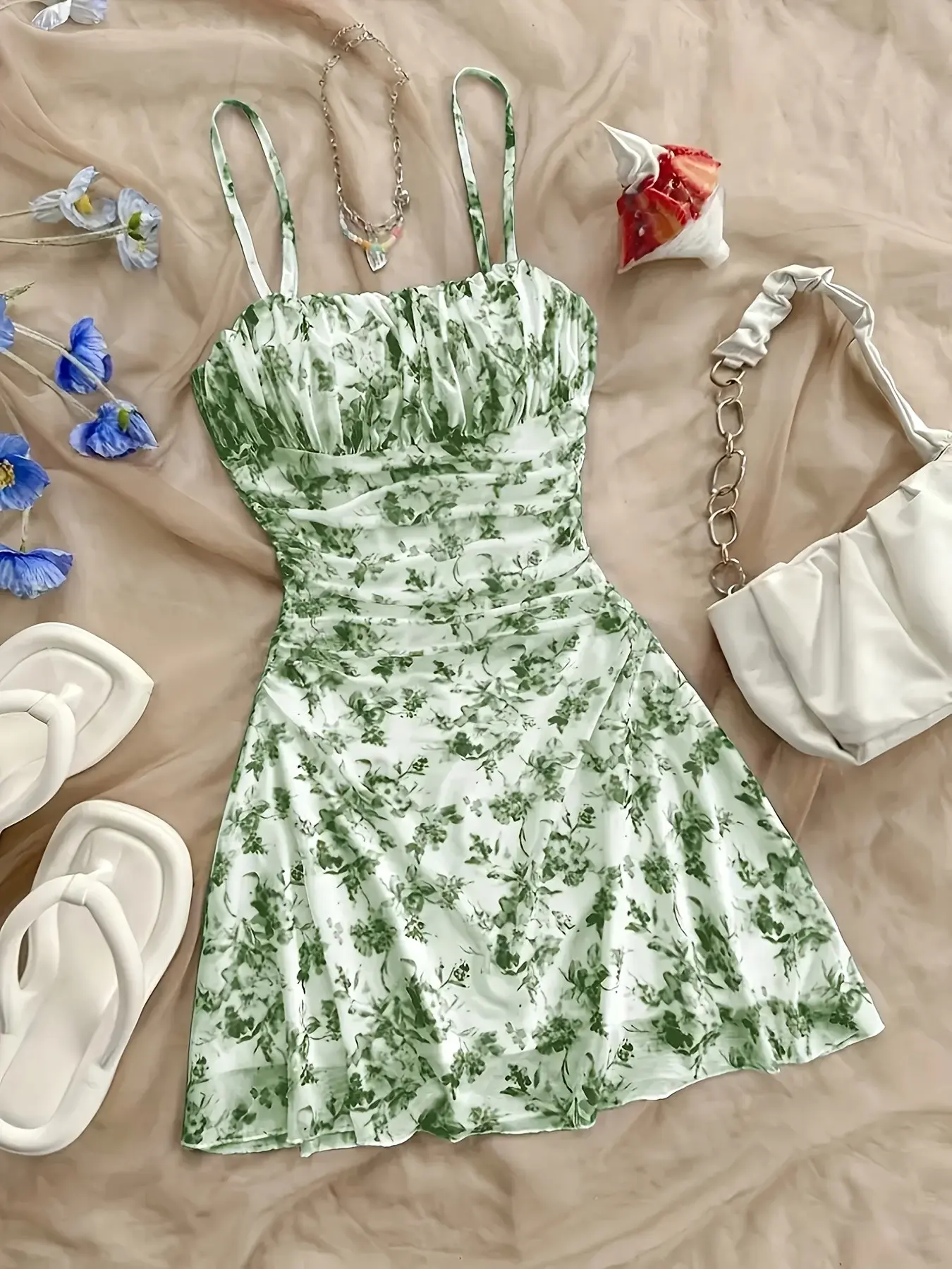 French Vintage Floral Print Spaghetti Strap Dress, Ruched Shirred Waist A-Line Short Boho Bohemian Sundress, Sexy Casual Summer Vacation Style for Women