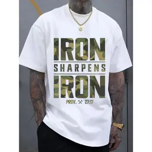 Men's Oversized 100% Cotton Graphic T-Shirt - "IRON SHARPENS IRON" & Proverbs 27:17 Bible Verse Design, Geometric Print Casual Streetwear Tee, Breathable Summer Top, Machine Washable, Summer Fashion |   Camouflage Pattern |   Durable Fabric