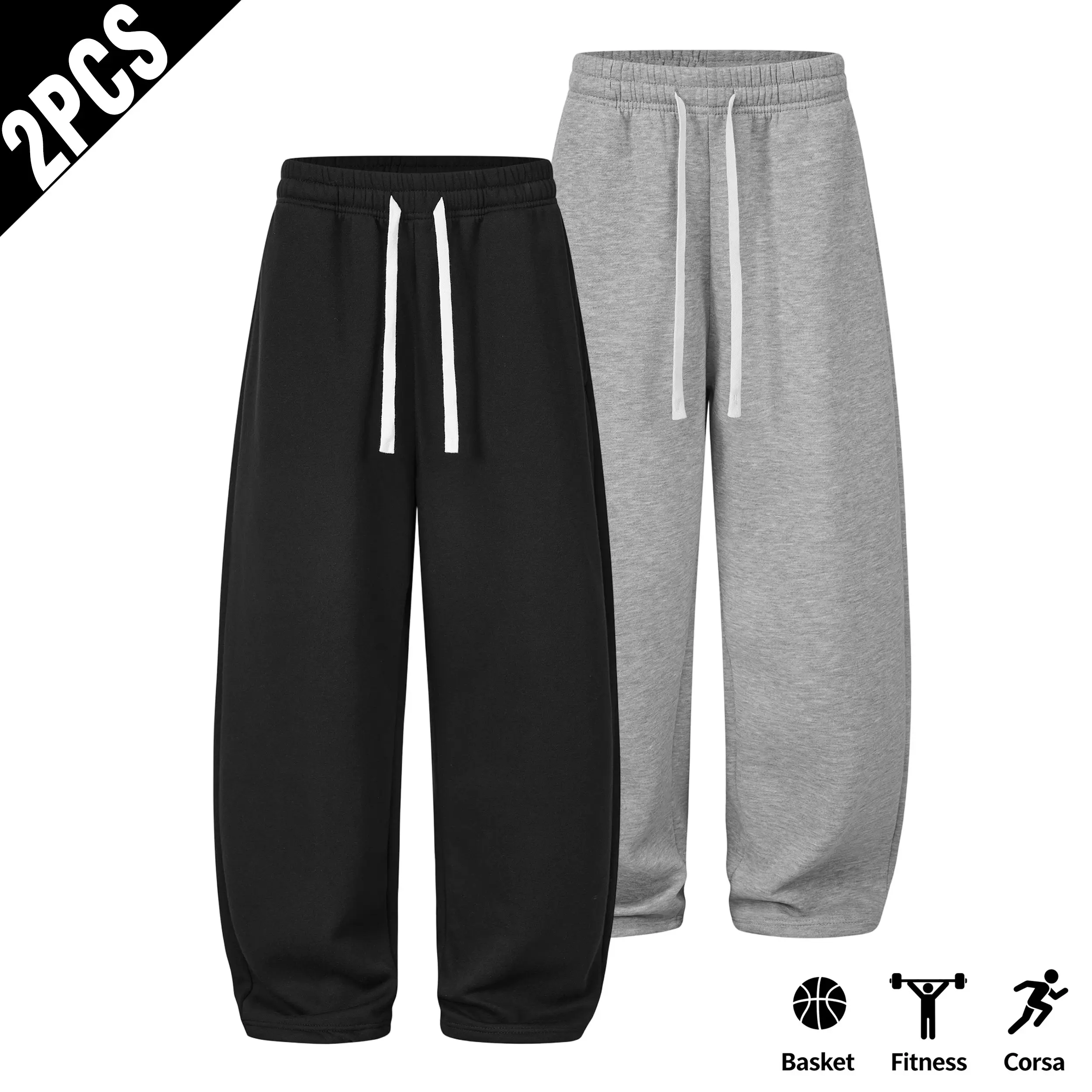 Men’s casual curved baggy sweatpants, elastic waistband, white drawstring, loose fit tapered joggers, streetwear hip hop everyday wear sweat pants