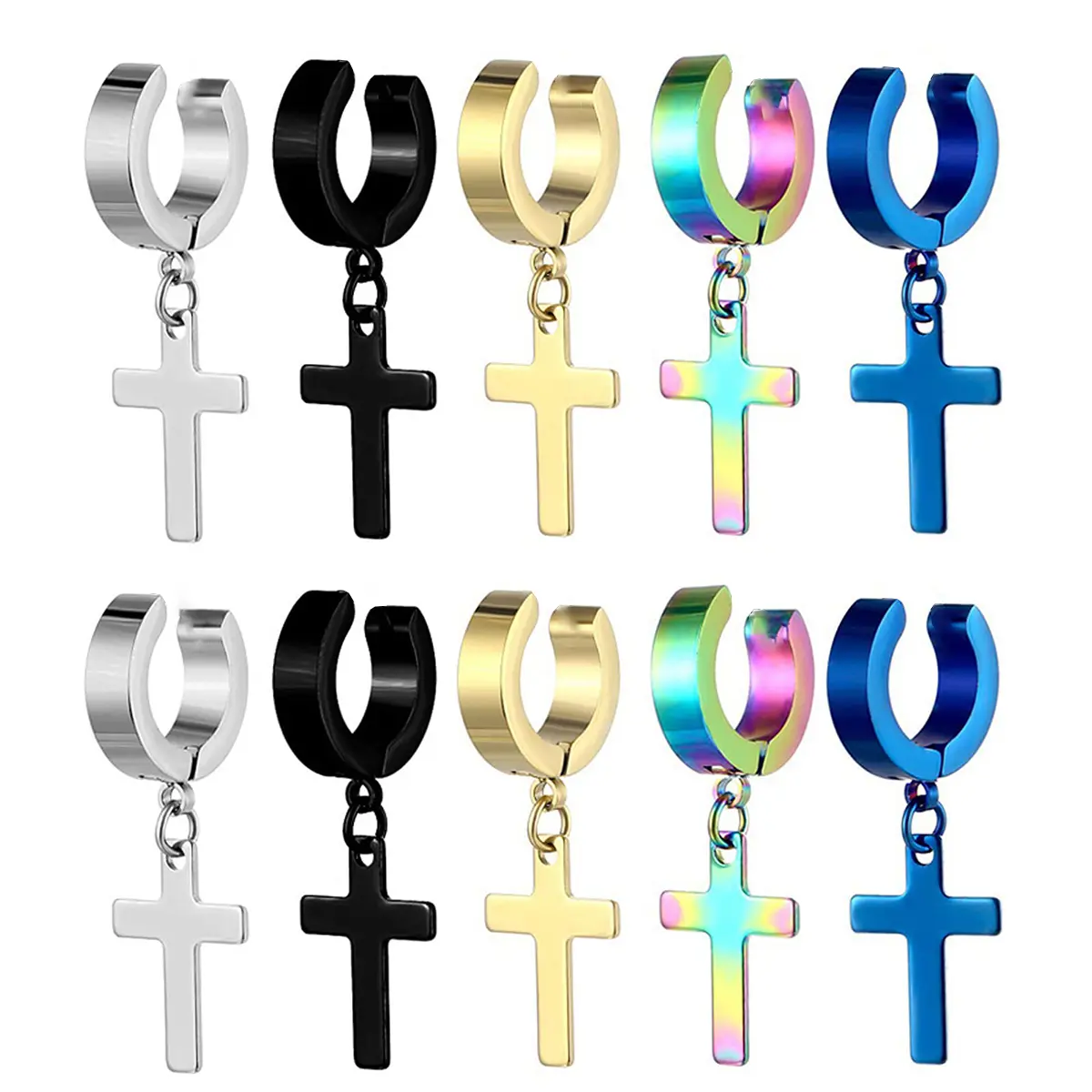 5 Pairs Of Cross Hypoallergenic Earrings, Stainless Steel Cross Ear Clip, Universal Hanging Hinged Earrings for Men And Women