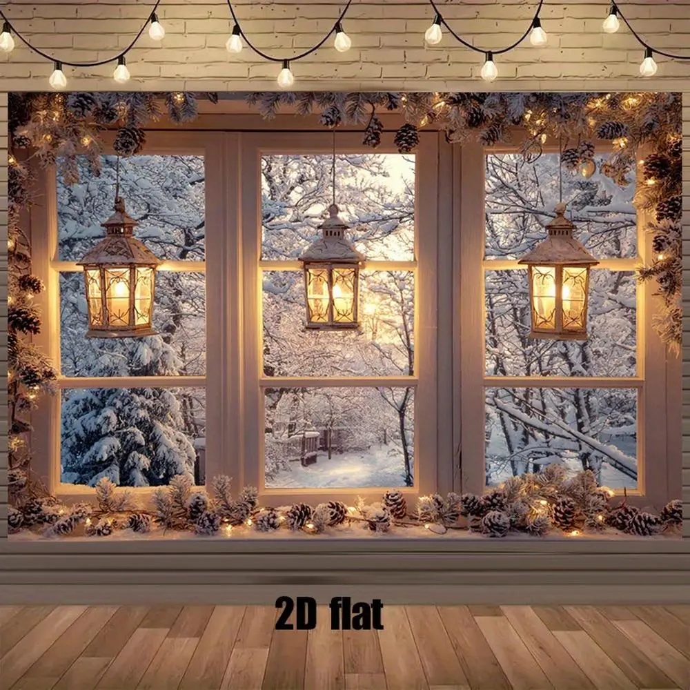 1pc Durable Polyester 2D Flat Winter Window Backdrop - Open Window Snowy Landscape Hangable Banner, No-Electricity Easy-Install Setup, for Christmas Home Outdoor Decor, Ceremony Supplies