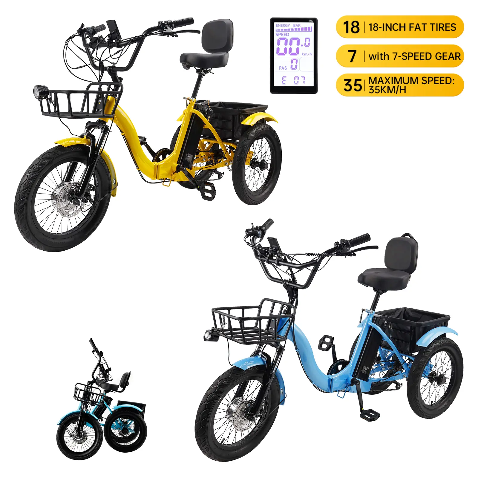 18-inch Foldable 48V 13Ah Lithium-Ion Electric Trike for Adults - 7 Speed, Headlight, Display, 48.0W & Above E-Tricycle