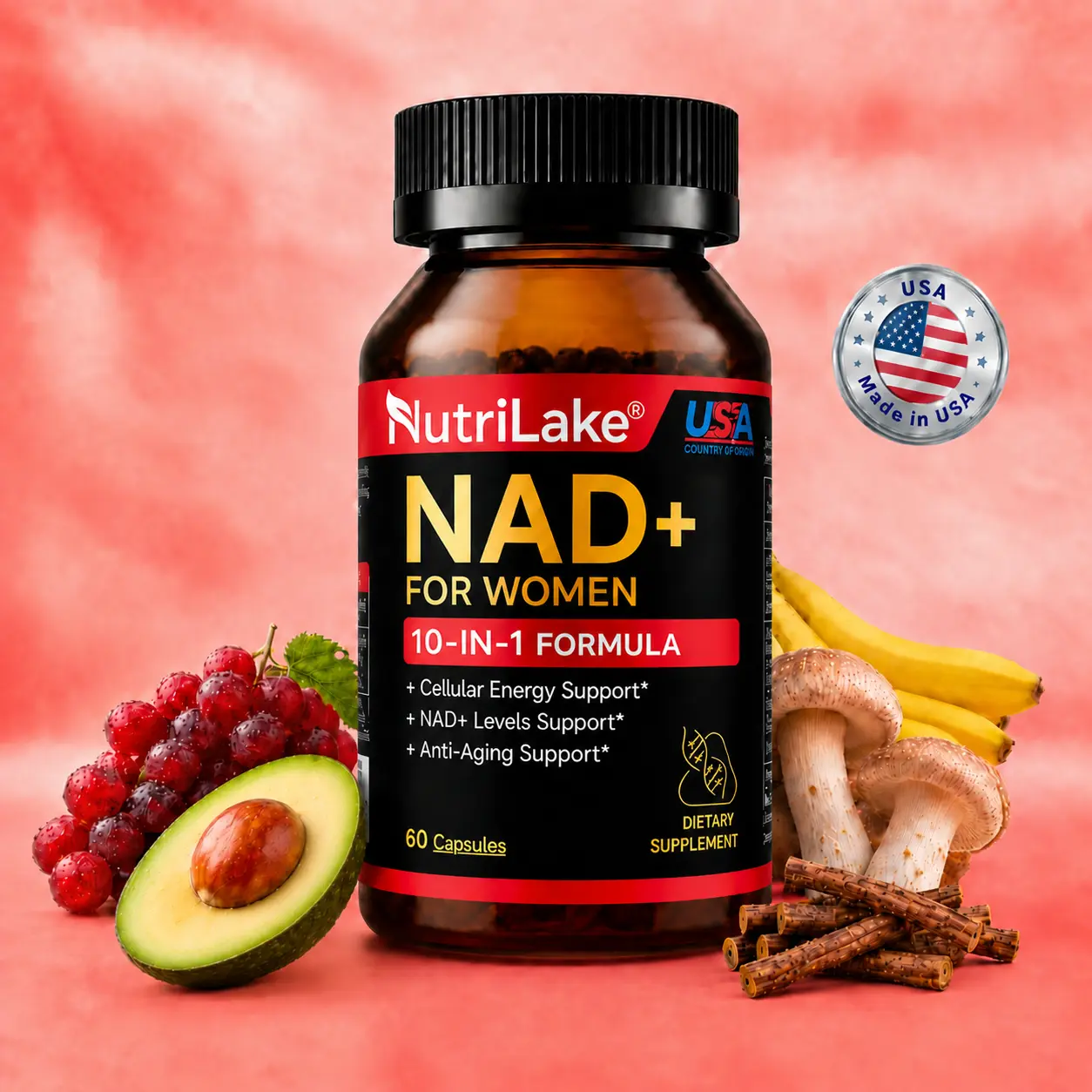NutriLake NAD+ Supplements for Woman Anti-Aging,Wrinkle Defense Capsules –  Trans-Resveratrol,Ergothioneine-Super Blend CoQ10,PQQ,Supports Cellular Health,Energy & Skin Revitalization – 60 Capsules Healthcare Nutrition Supplements