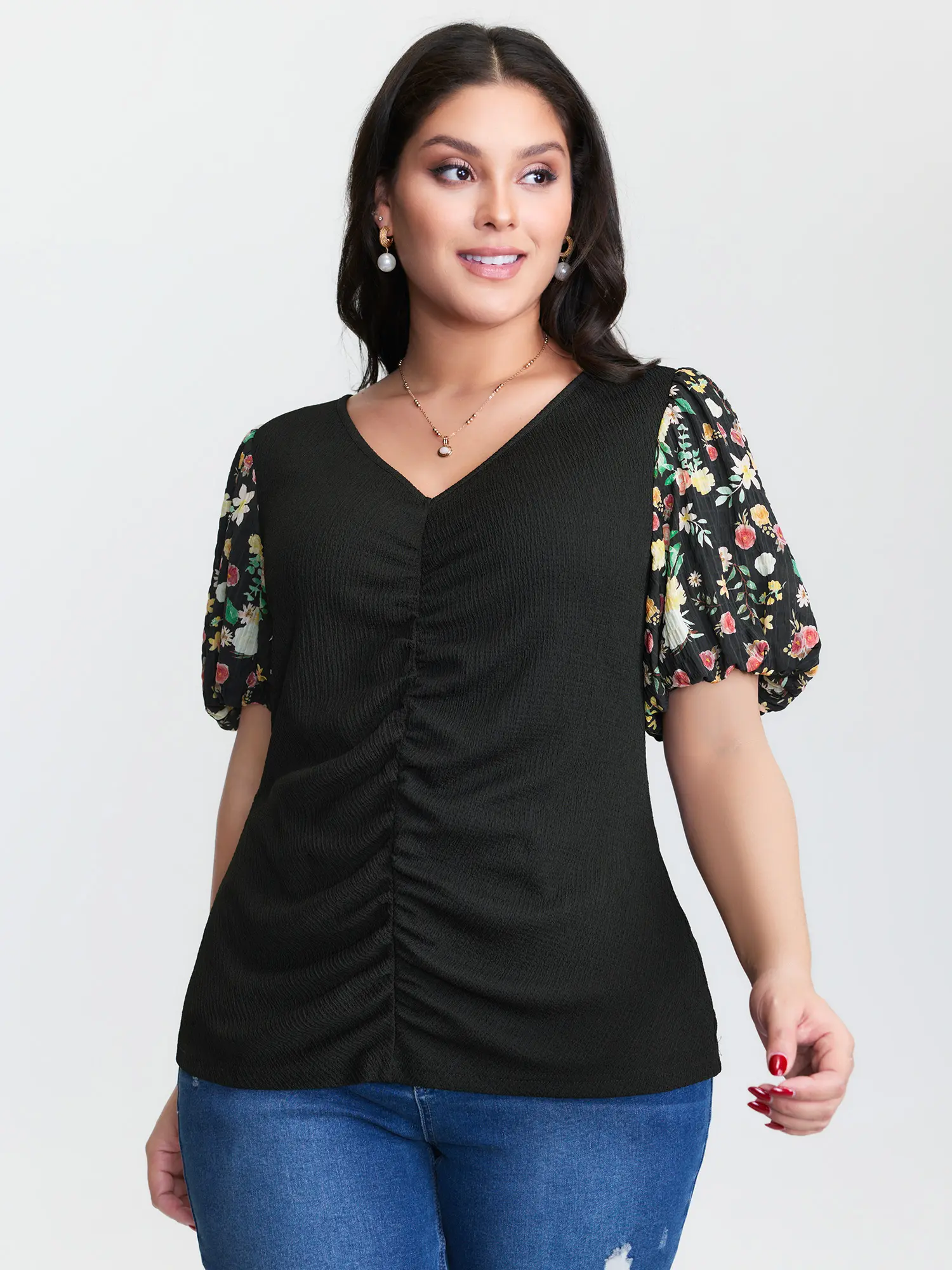 【Summer Turn-Up】BLOOMCHIC Plus Size Colorful Floral Print Ruched T-Shirt [M-6X] 2026 Summerfinds  Fit Womenswear Top Polyester