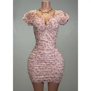 ANTONELLA PINK FLORAL RUCHED BODYCON MINI DRESS