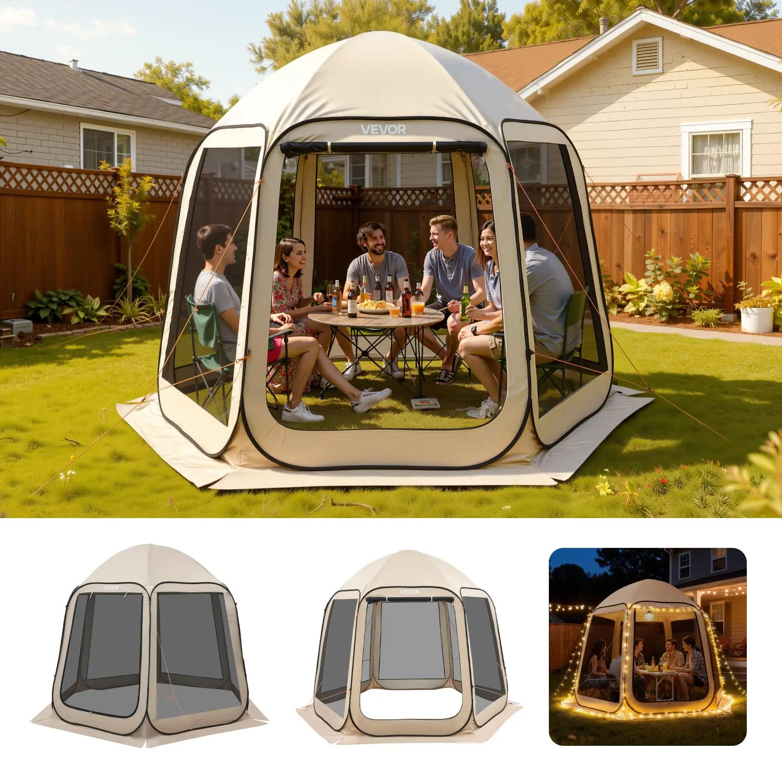 【FathersDayGift】VEVOR Screen House Tent, 10 x 9.2 ft, 4-8 Person Pop Up Screen Tent, Portable Screened in Canopy with Carry Bag, Netting Sides, Ground Stakes, for Garden, Patio, Backyard, Outdoor Activities, Beige