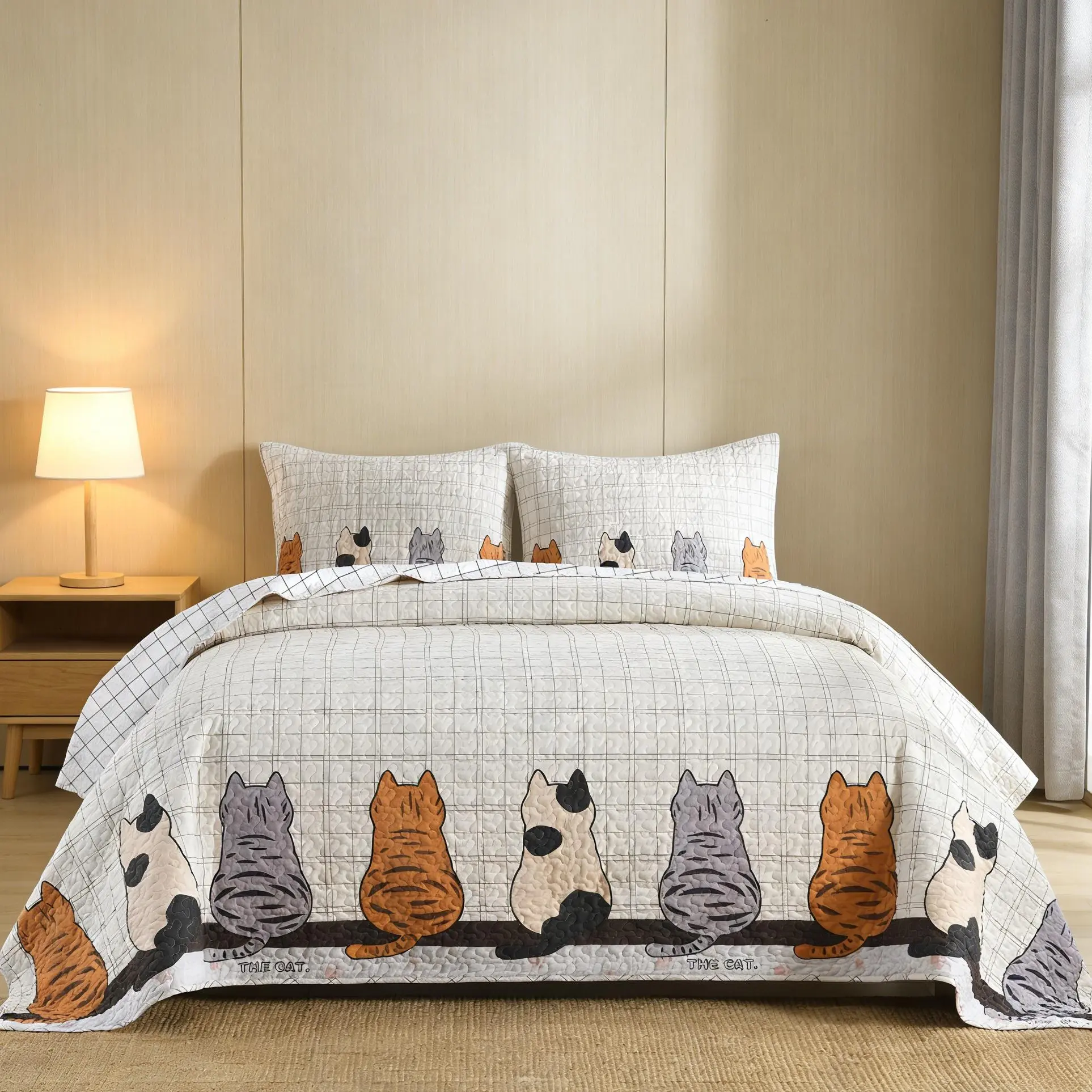 3 Pcs  Lightweight Cat Print Quilted Bedspread Set, Breathable Grid Pattern Cat Back Bedding with Pillow Shams, Machine Washable All Season Quilt for Queen/King Bed