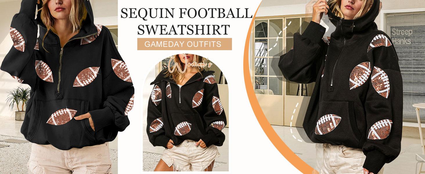 Ommig Women's Oversized Game Day Hoodie Casual Long‑Sleeve Half‑Zip Pullover with Sequin Football Print Kangaroo Pocket Ommig Women's Oversized Game Day Hoodie Casual Long‑Sleeve Half‑Zip Pullover with Sequin Football Print Kangaroo Pocket