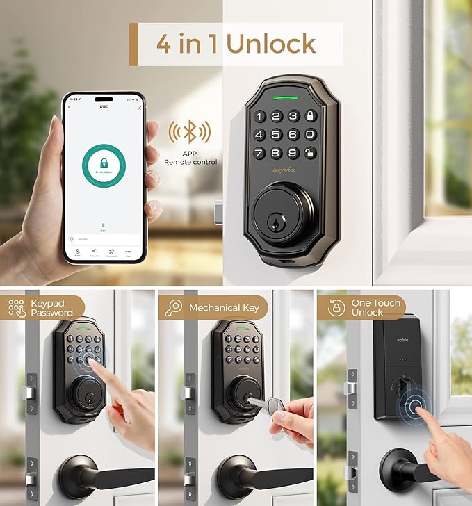 ARPHA D180 Keyless Door Lock with 50/100 Codes, Smart Lock with Anti Peeping Password, Keypad Deadbolt One Touch Locking, Auto Lock, Easy Install.Multiple styles to choose from, APP version&no APP version; With door handle&without door handle ARPHA D180 Keyless Door Lock with 50/100 Codes, Smart Lock with Anti Peeping Password, Keypad Deadbolt One Touch Locking, Auto Lock, Easy Install.Multiple styles to choose from, APP version&no APP version; With door handle&without door handle