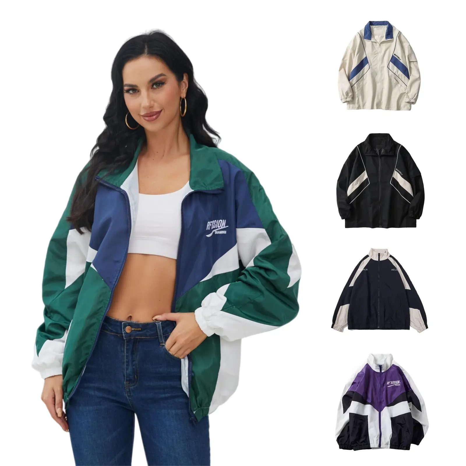 Gihuo Unisex Men Women Windbreaker Jacket Y2k Varsity Jackets Oversized Vintage 90s Jacket Casual Coats Tops Outerwear Long Sleeve Lightweight Unisex