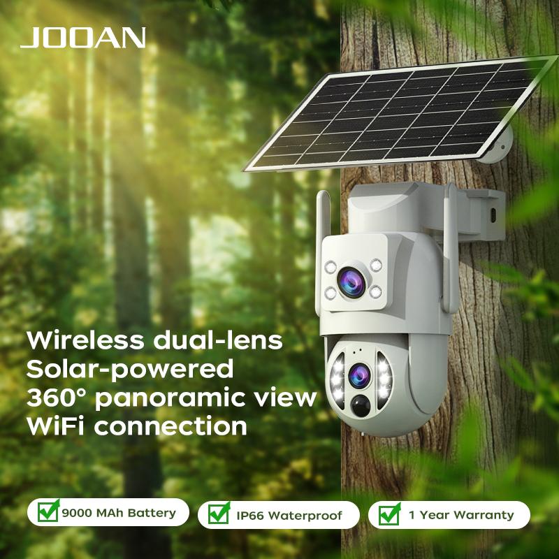 【JOOAN 2K 3MP WiFi Wireless Solar Dual Lens Outdoor 360° PTZ Dual Screen Security Camera】Outdoor/Indoor IP66 Waterproof, Color Night Vision, PIR Human Detection, Two-Way Talk, Auto Tracking, Siren Alarm, SD/Cloud Storage (Optional), Alexa Compatible