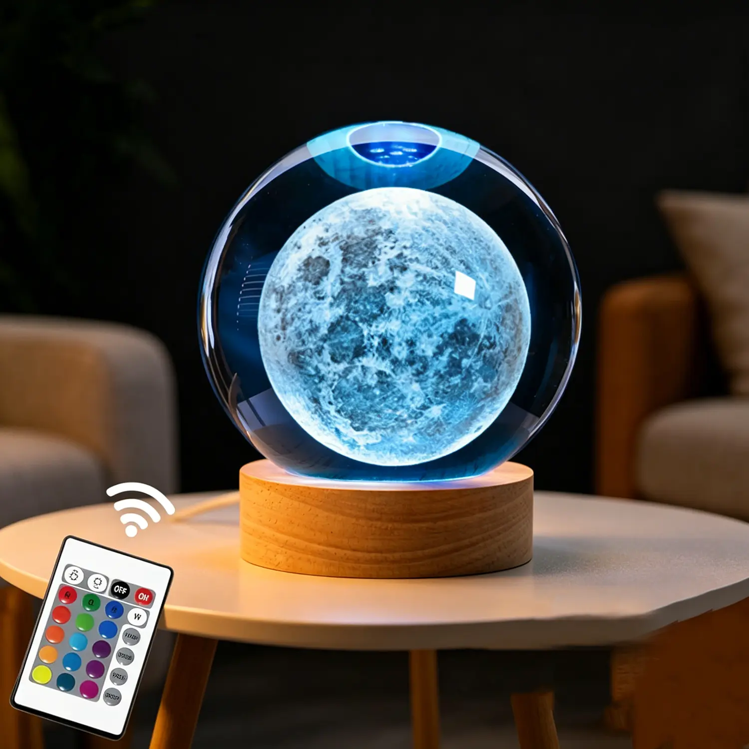 6cm 3D Laser Engraved Moon Crystal Ball Night Light - Remote Control, 16 Color-Changing Modes, Glass Sphere, Wooden Base, LED Celestial Lamp, Smart Bedside Relaxation Lighting, Thoughtful Holiday Gift for Women, Teens, Adults, Gaming Enthusiasts