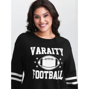 【 Comfy Chic】Bloomchic Rugby Print Striped Sleeve Sweatshirt Fit Hoodie