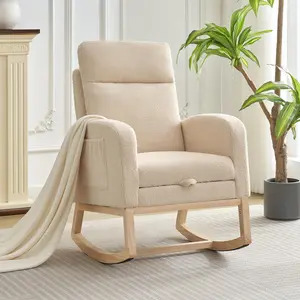 Modern Nursery Rocking Chair, Teddy Upholstered Rocking Chair with Footrest, Rocker Glider for Living Room, Bedroom, Nursing Room，Beige Fabric Armchair Ergonomically Adjustable Seat