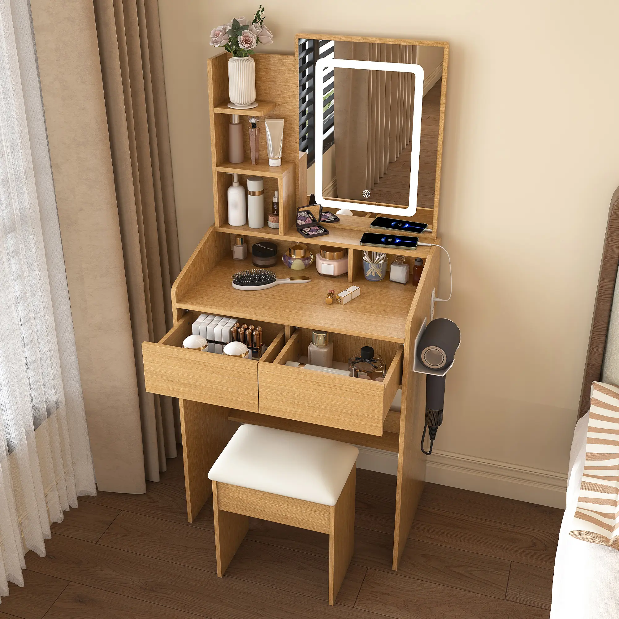 Wooden Makeup Vanity Table with LED-Illuminated Mirror, Power Outlet, Hairdryer Holder, Drawer + Shelf, Soft Padded Stool, Warm/Neutral/Cool Lights - Compact Dressing Desk for Small Bedrooms