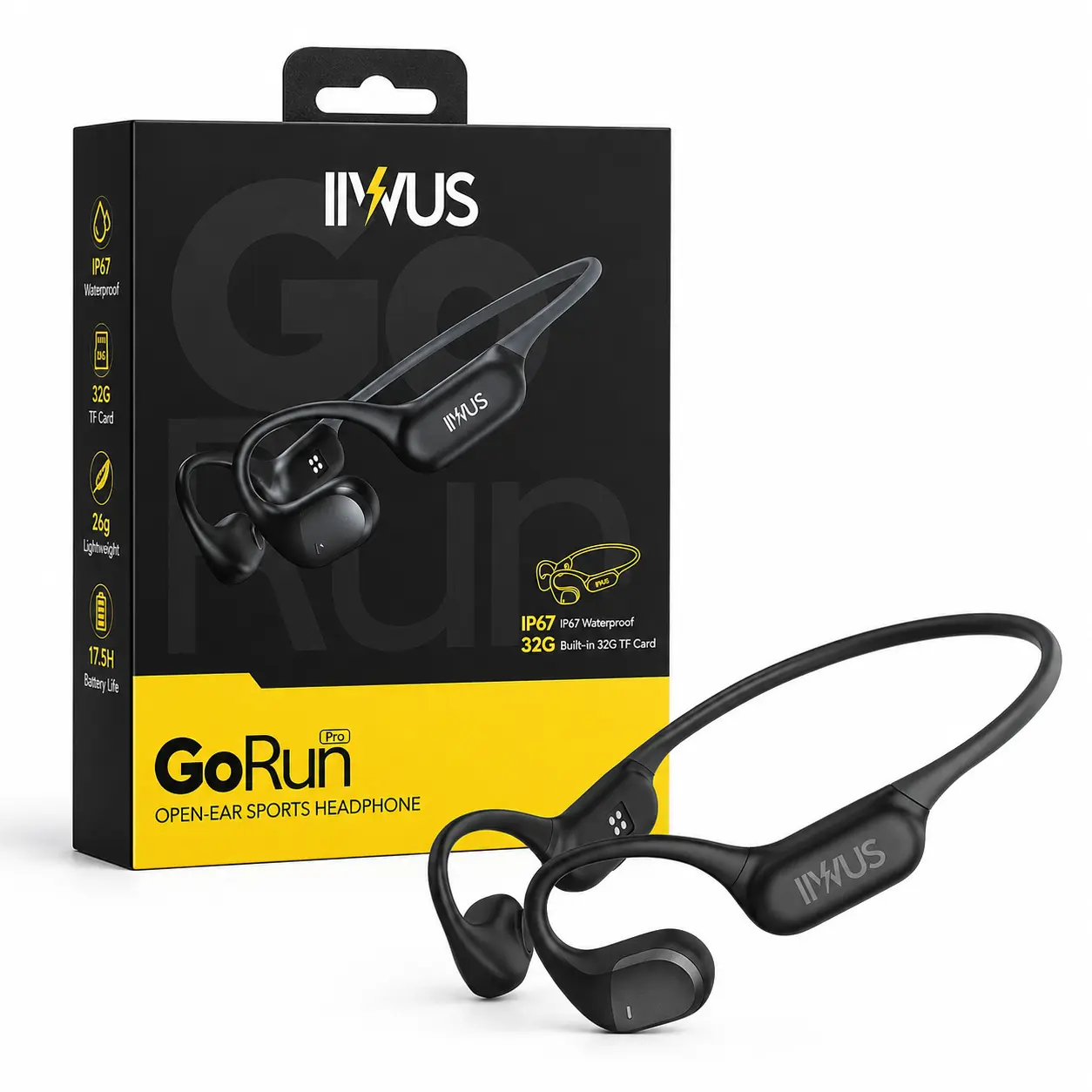 IIWUS GoRun Pro Open-Ear Running Headphones, Bluetooth Sports Headset, IP67 Waterproof, 17.5H Battery, 32GB Built-in Music Storage, Lightweight 26g