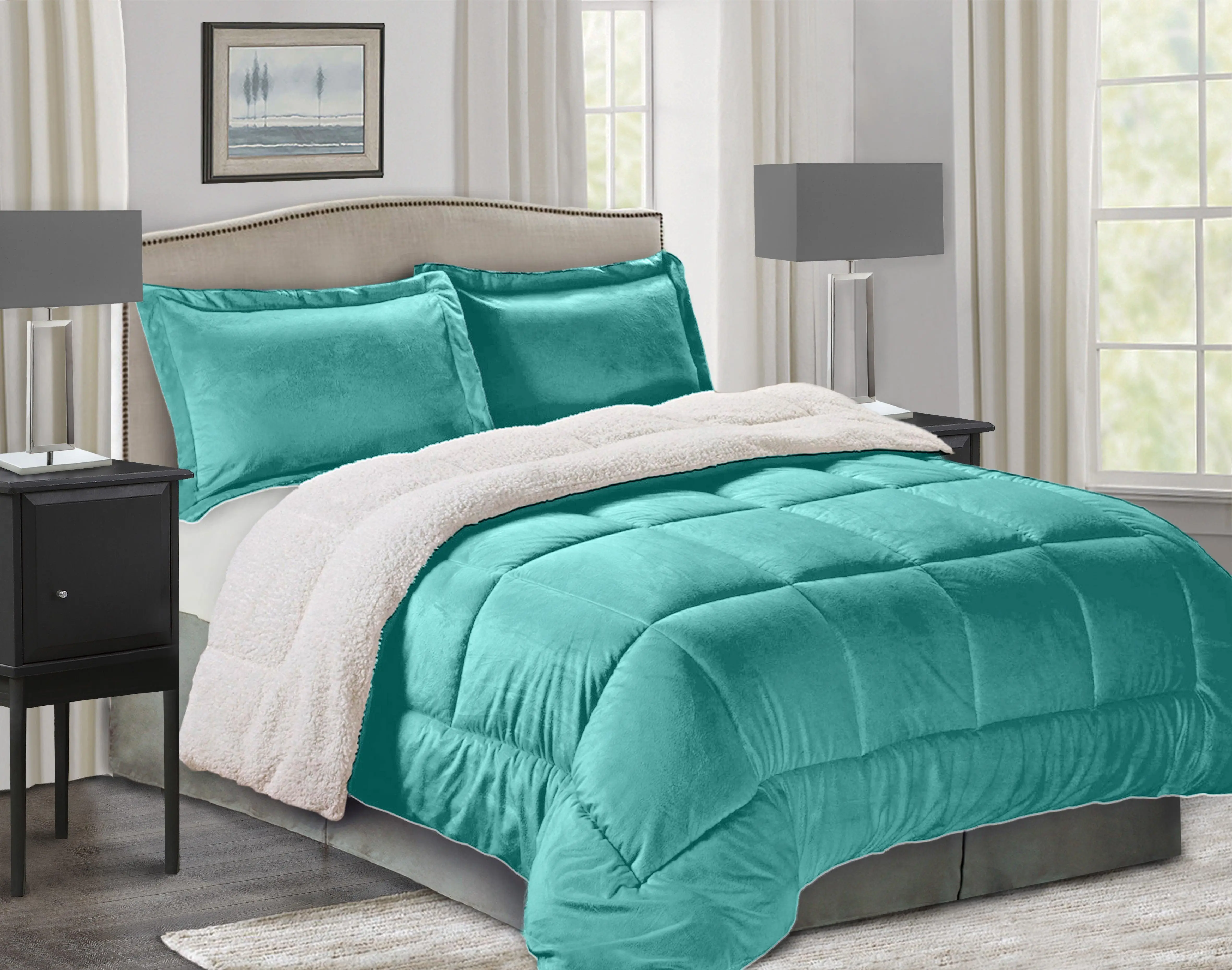 Elegant Comfort 3-Piece Solid Micro-Suede Reversible Sherpa Comforter Set – Minimalist Cozy Warm Bedding