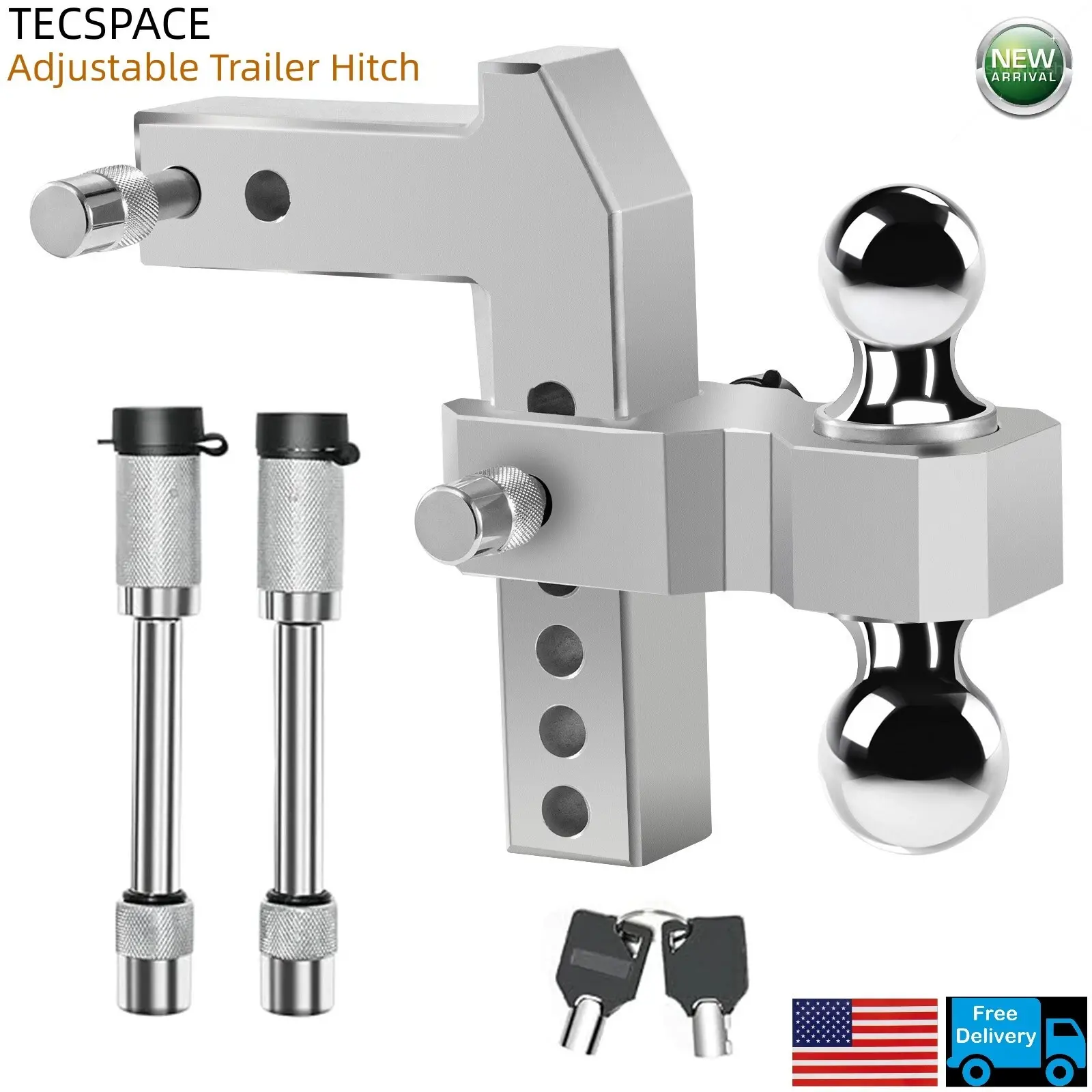 Adjustable Trailer Hitch, Fit for 2.5 Inch Receiver, 6-Inch Drop/Rise, Aluminum Drop Hitch, 20000 LBS GTW - Tow Hitch for Trailer, Stainless Steel Tow Balls (2" & 2-5/16") with Double Locks