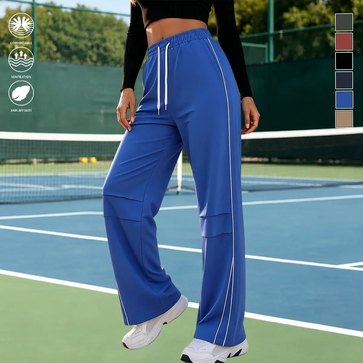 Fashion polyester women’s wide-leg sports pants with side stripes, quick-drying and breathable, elastic drawstring waist, outdoor jogging pants, soft yet stretchy, wrinkle-resistant, moisture-wicking long pants, suitable for tennis, hiking, and everyday s