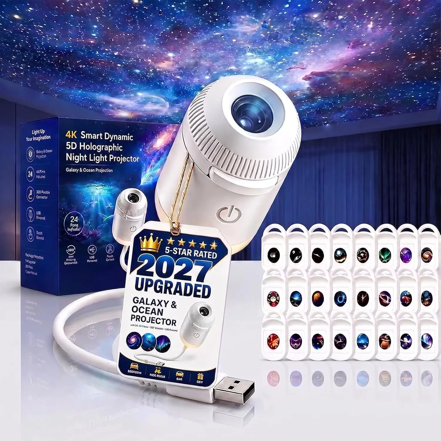 2027 Upgraded Hd Smart Dynamic 5d Holographic Night Light Projector, Plug and Play Hd Star Projector, 360° Adjustable Hd Galaxy and Ocean Projector for Bedroom Ceiling (24 Projection Films) Dual