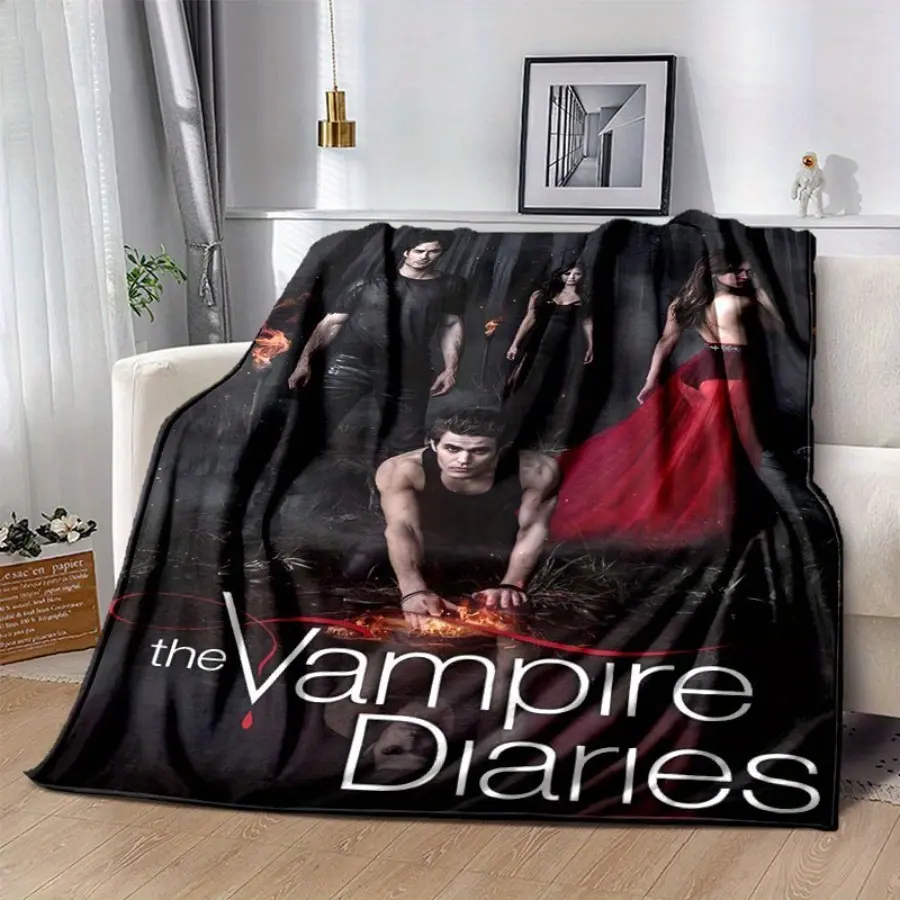 1pc Vampire Diaries TV Show Inspired Cozy Flannel Blanket - Retro Cartoon Print with Vibrant Character Scenes, All-Season Warmth for Home Decor, Office Nap, Festival Gift for Fans, Fan Merchandise, Detailed Illustrations