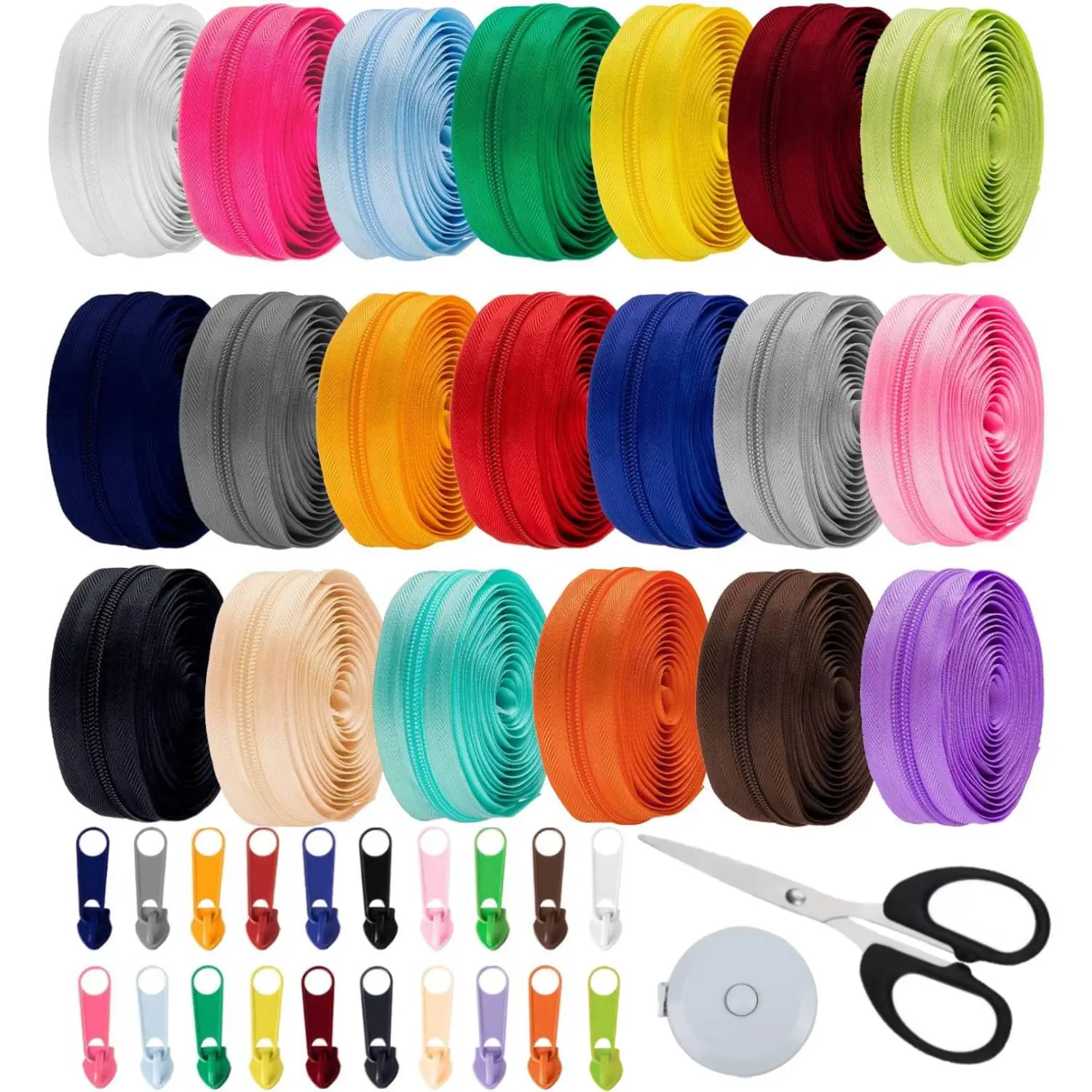 60 Yards 20pcs Colors Sewing Zippers Bulk #5 Nylon Coil Zippers, with 200pcs Pull Heads, for DIY Sewing Crafts Zipper Tape for Clothes, Bag, Purse Making Supplies Kit