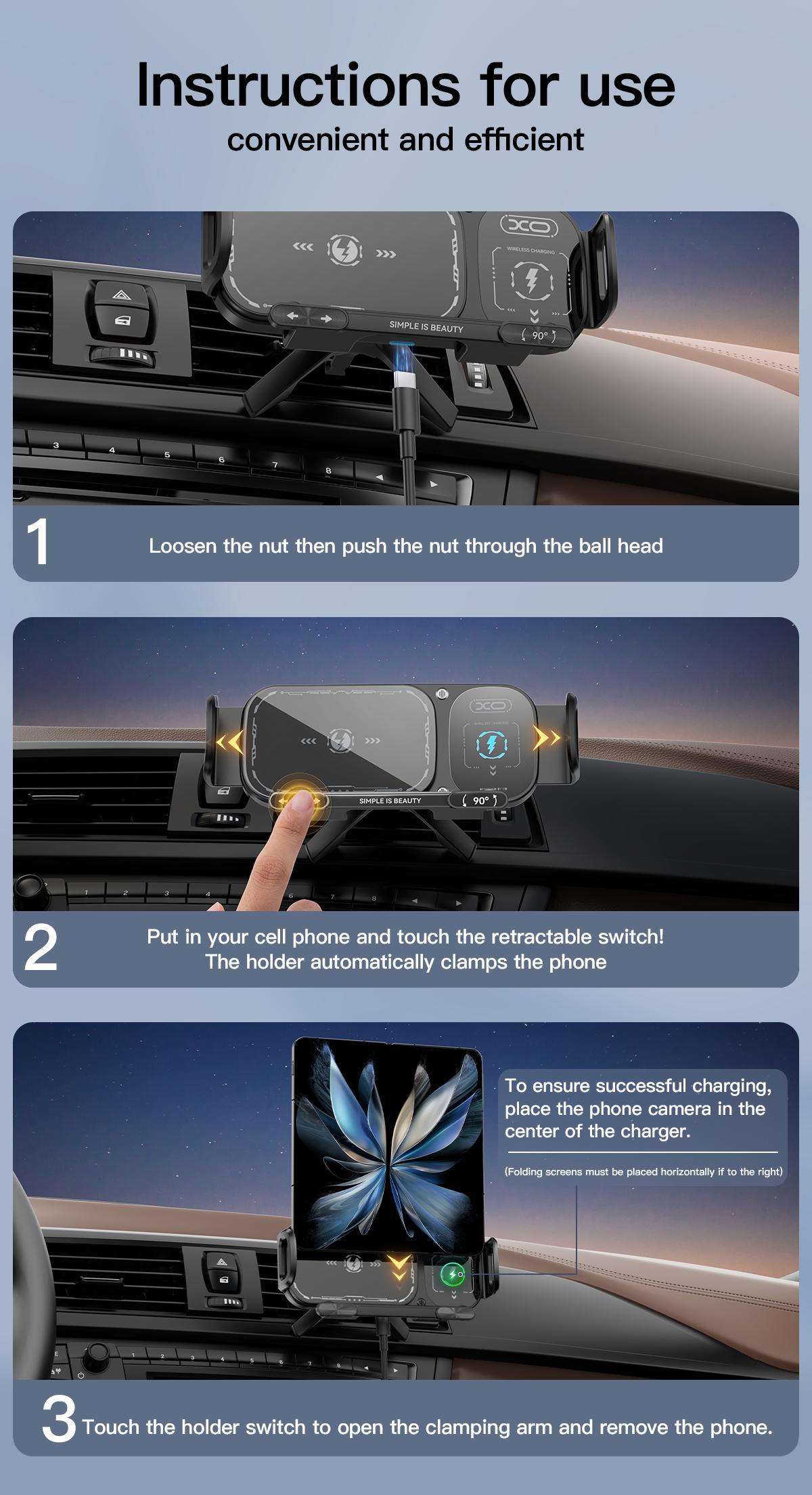 Wireless Charging Car Phone Mount for Foldable & Regular Phones - 15W Fast Charge, 90° Rotation, Air Vent Hook Clip, One-Touch Release (Fits iPhone/Samsung/Google)