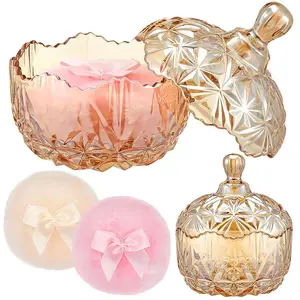 Dusting Powder Jar with 2 PCS Soft Washable Reusable Large Body Powder Puffs Cute Puff Powder Container Set Dusting Powder Box with Puffs for Face and Body Makeup Gift after Shower Glass Crystal Holder for Bathroom Home Bedroom vanity decorative Decor