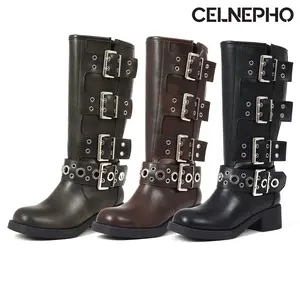 CELNEPHO Womens Motorcycle Combat Boots Round Toe Mid Calf Metal Buckles Rivets Chunky Heel Vintage Riding Rocky Boots Retro for Festival Party Concert Spring Cowboy Festival Dress Shoes