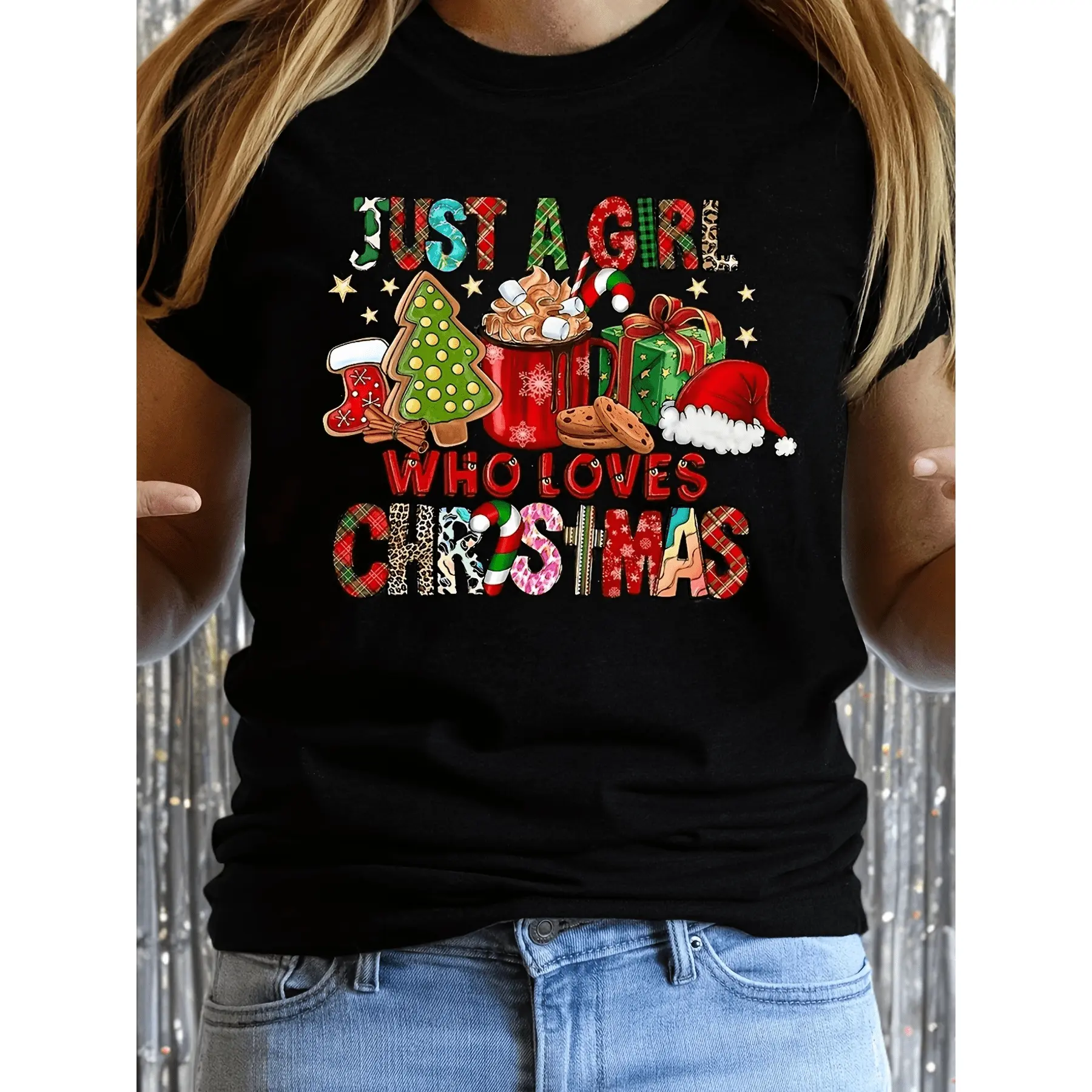 Celebrate the Holidays in Style with a Plus Size Christmas Graphic Tee Featuring Gingerbread Candy Canes and Snowflakes for Festive Allseason Wear