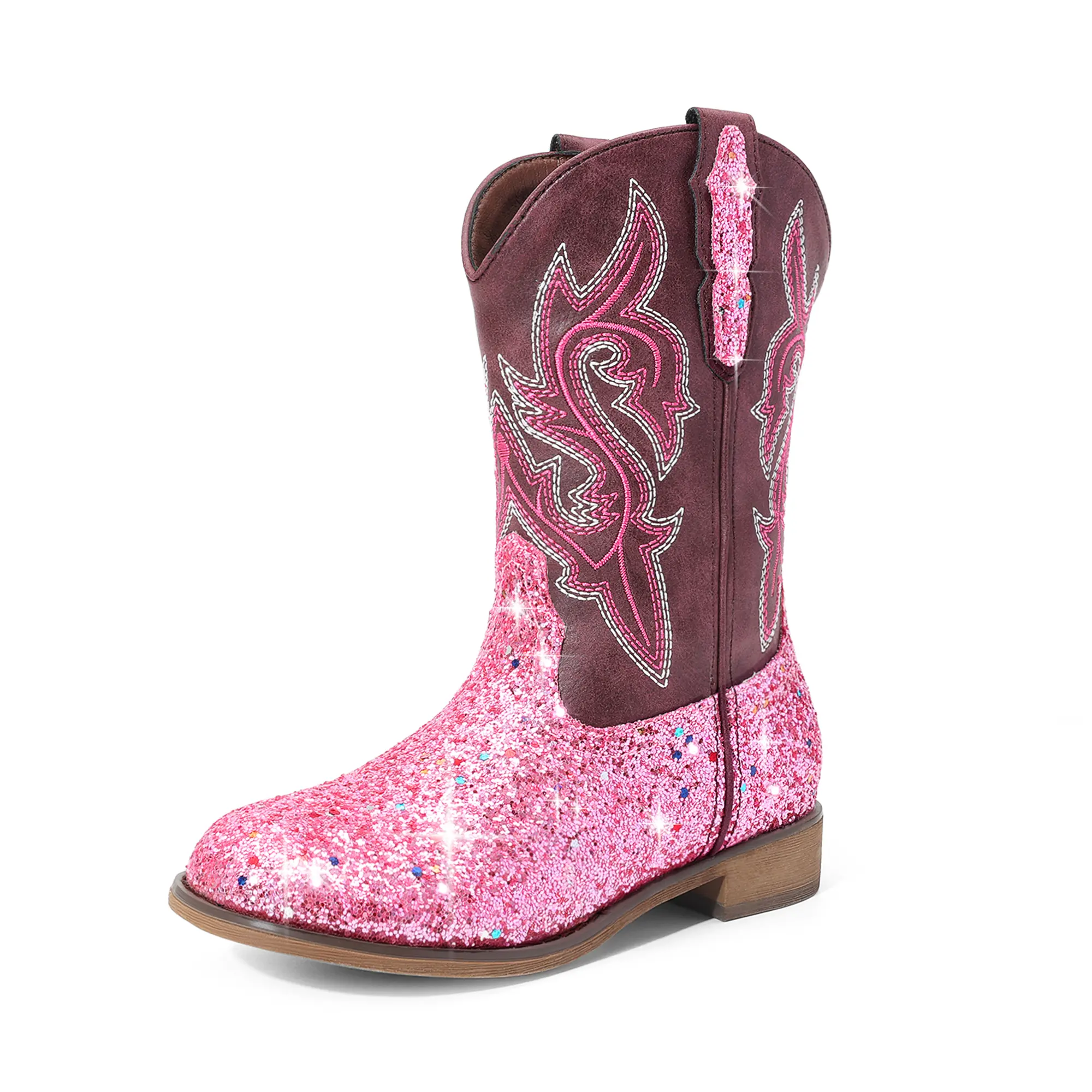 Dream Pairs Girls' Western Cowgirl Boots with Glitter & Embroidery, Toddler Synthetic Slip On Low Heel for Outdoor & Party, Mid-Calf, Cowboy Aesthetic, Western Boho, All Season