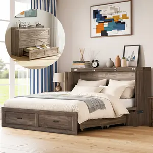 Convertible Murphy Cabinet Bed (Full/Queen Size) with USB Charging Station, Horizontal Murphy Bed with Storage, Space-Saving Hidden Bed for Small Apartment, Guest Room & Home Office