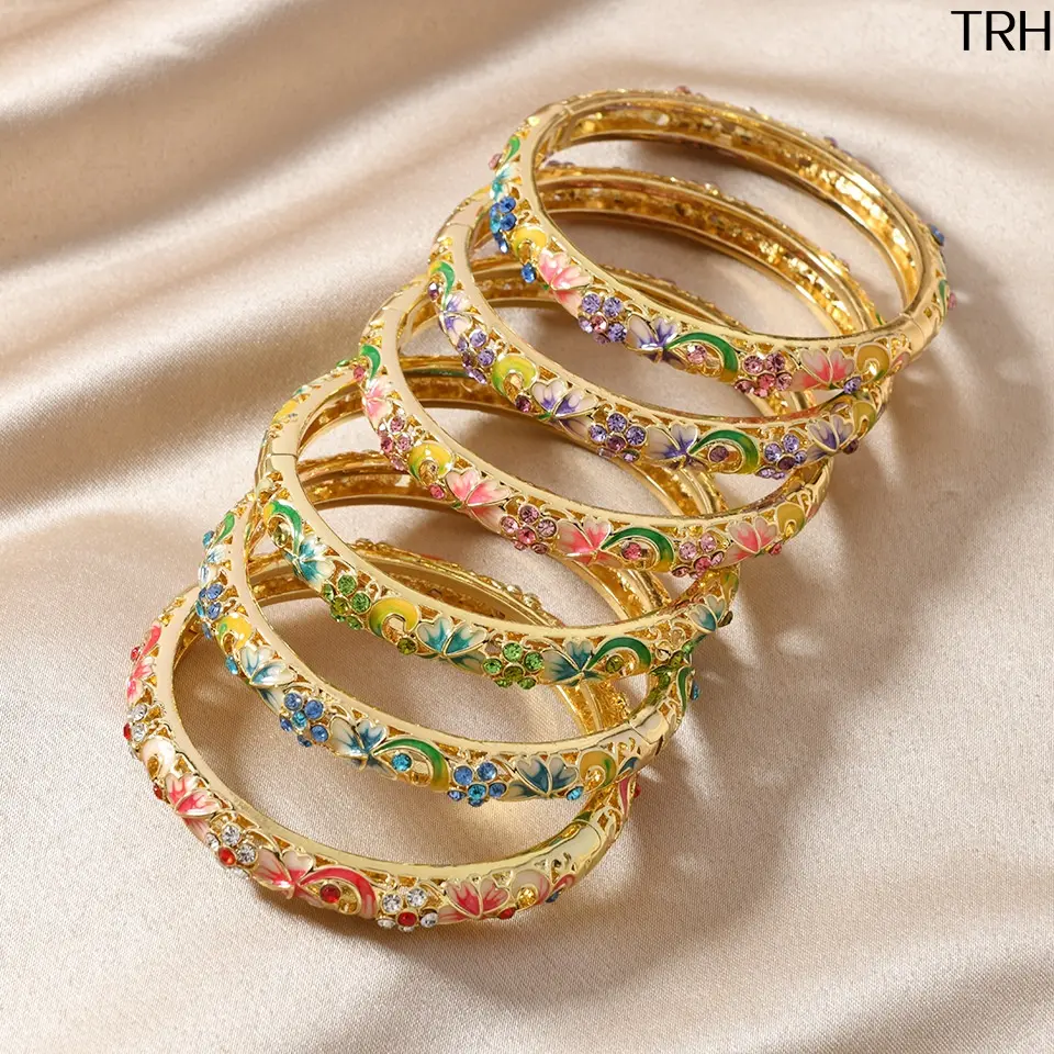 Palace Style Cloisonne Enamel Open Bangle, Gold Plated Hollow Bracelet With Shiny Rhinestone Inlay, Luxury Oriental Wrist Jewelry For Festive Gifting Formal Daily Outfit Styling