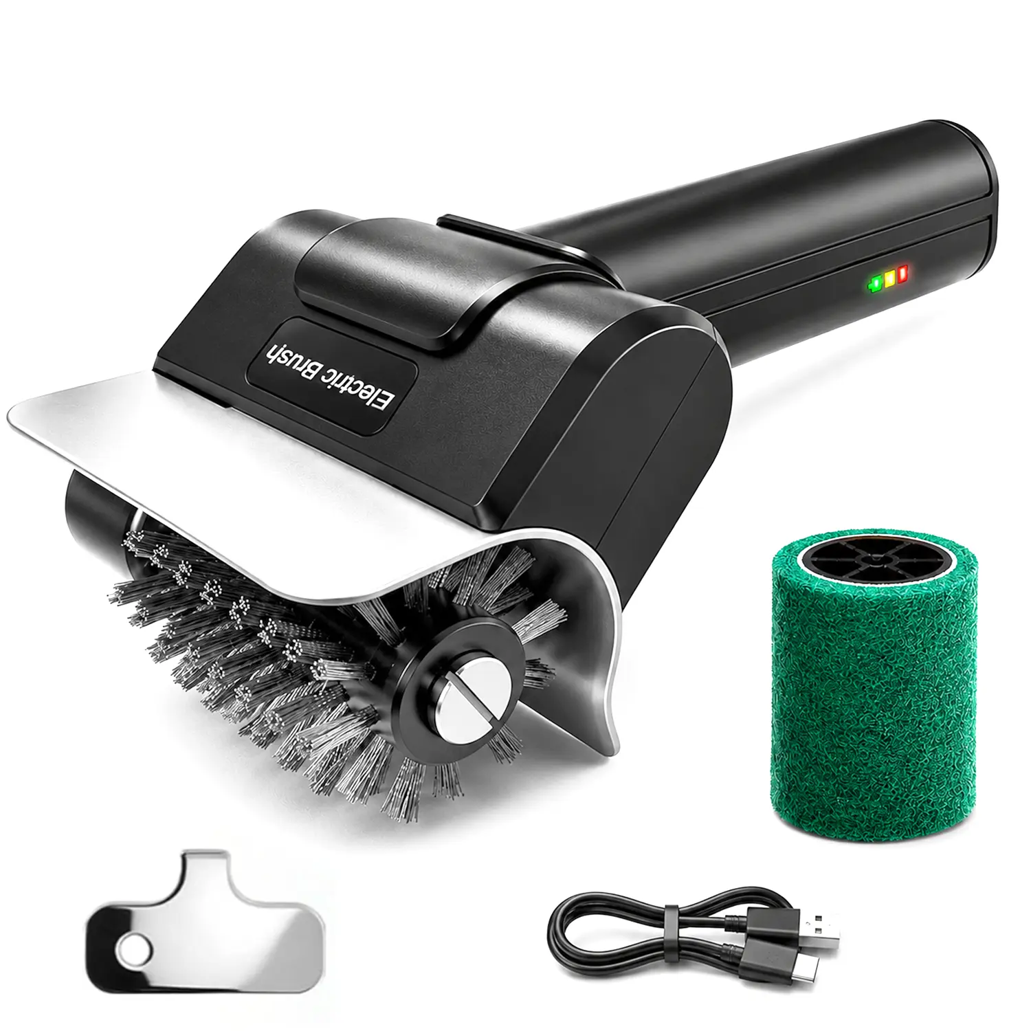 Cordless USB Rechargeable Electric BBQ Grill Brush. Featuring high-speed motor and sturdy stainless steel bristles, this automatic grill grate cleaner easily cleans your barbecue. Ideal essential BBQ tool for daily use.