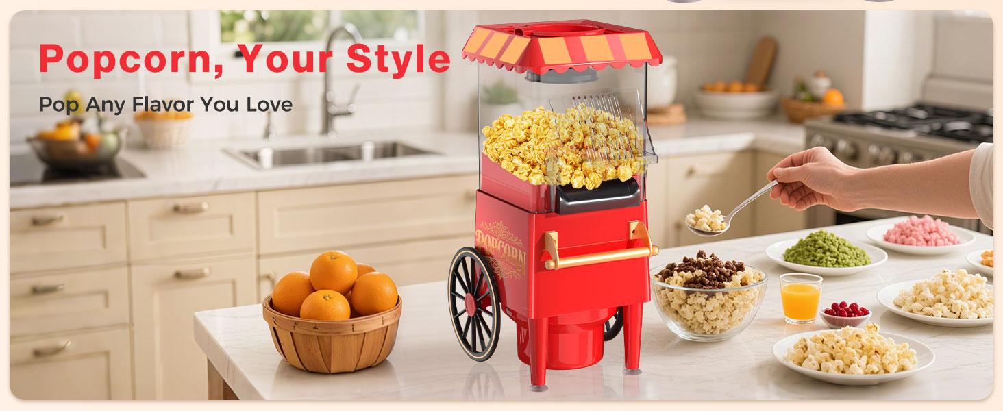 1200W Electric Hot Air Popcorn Maker Machine with Measuring Scoop - Oil-Free Healthy Popper, Retro Red & Design, Compact 12-Cup Capacity, Stainless Steel Construction for Home, Movie Nights, Parties, Christmas - Easy-Clean & Safe Operation