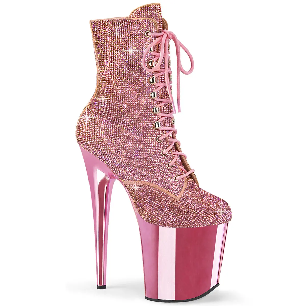 Pleaser Platform Ankle Boots for Women, Lace-Up with Allover Rhinestones and 8" Heel, Alt Fashion Party Footwear with Chrome Bottom, Statement Shoes, Chrome Plated Platform Bottom, Ankle Height, Evening Wear, Chrome Sole