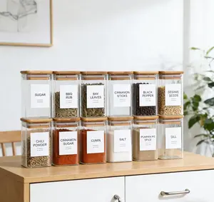 Glass Food Storage Containers with Bamboo Lids 12 Pack Square Airtight Canisters for Kitchen Pantry Organization Spice Jars for Sugar Coffee Tea Flour BPA Free Food Safe Bottles Tin Organiser