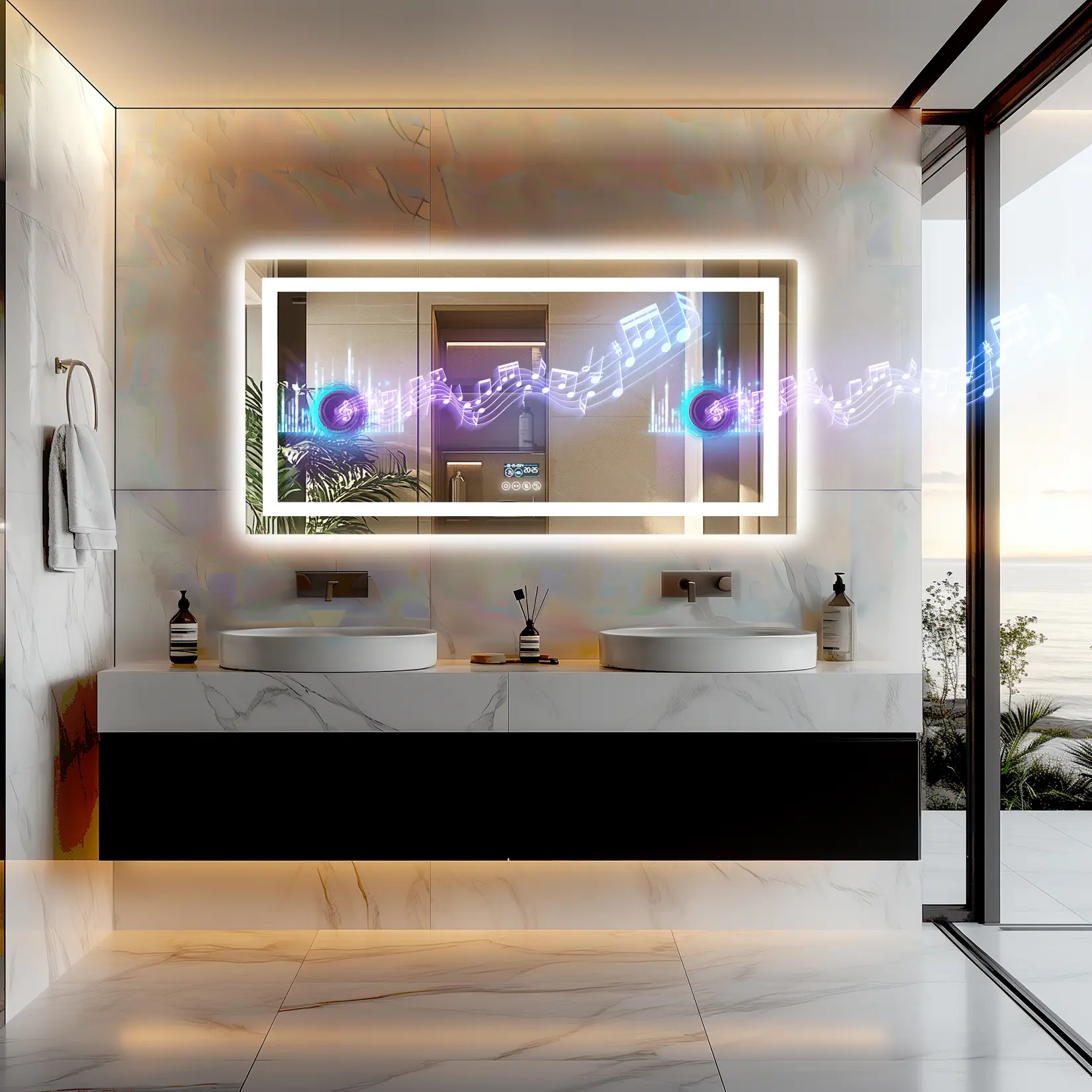 47.24in x 23.62in Rectangular Illuminated Bathroom Mirror - Aluminum Alloy Frame, Dual LED Light Strips, Bluetooth Audio, Defog Memory, Horizontal Hang Function, Illuminated Mirror
