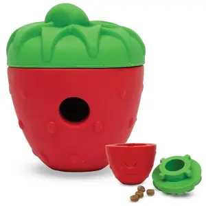 Brightkins Tough & Tumble Strawberry Shape Treat Dispenser for Dogs Chew Slow Feeder Interactive Toy Durable Non Toxic Rubber Easy Fill Clean