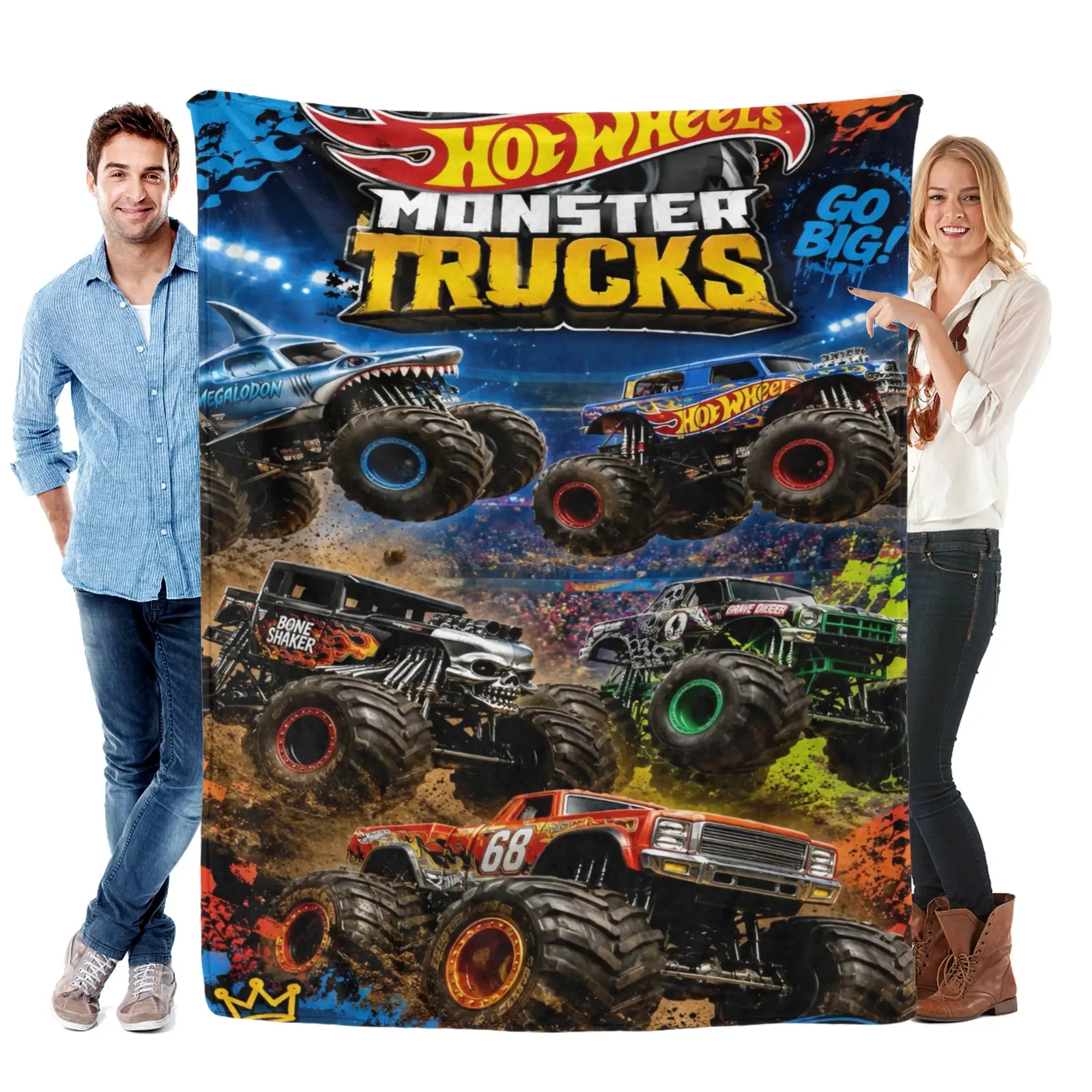 Hot Wheels Monster Trucks Inspired Flannel Blanket – Monster Truck Racing Arena Throw Blanket with Megalodon & Bone Shaker Design, Soft Cozy Fleece Blanket for Boys Bedroom Sofa Decor, Fun Gift for Truck Lovers