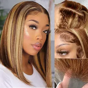 Human Hair Highlight Ombre 13x4 HD Lace Front  Human Hair Wigs  4/27 Honey Blonde Highlight Ombre Bob  Pre Plucked 180 Density Short Bob Wigs for Women Glueless 10 Inch,summervibes