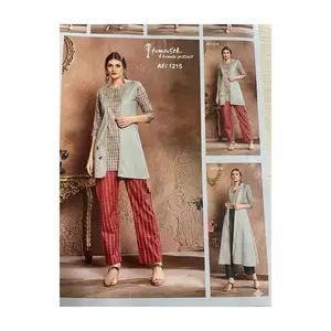 # AF/1215 Women’s Printed Kurta with Straight Pants Set – Grey Kurta & Red Pants, 3/4 Sleeves