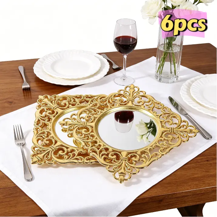 CNCEST Set of 6 Sturdy Antique Stylish 11.8-Inch Square Acrylic Glass Charger Plates, Embossed Edge, Heavy-Duty PP & Acrylic Platters, Gold/Silver/Rosegold for Wedding, Banquet Table Decor