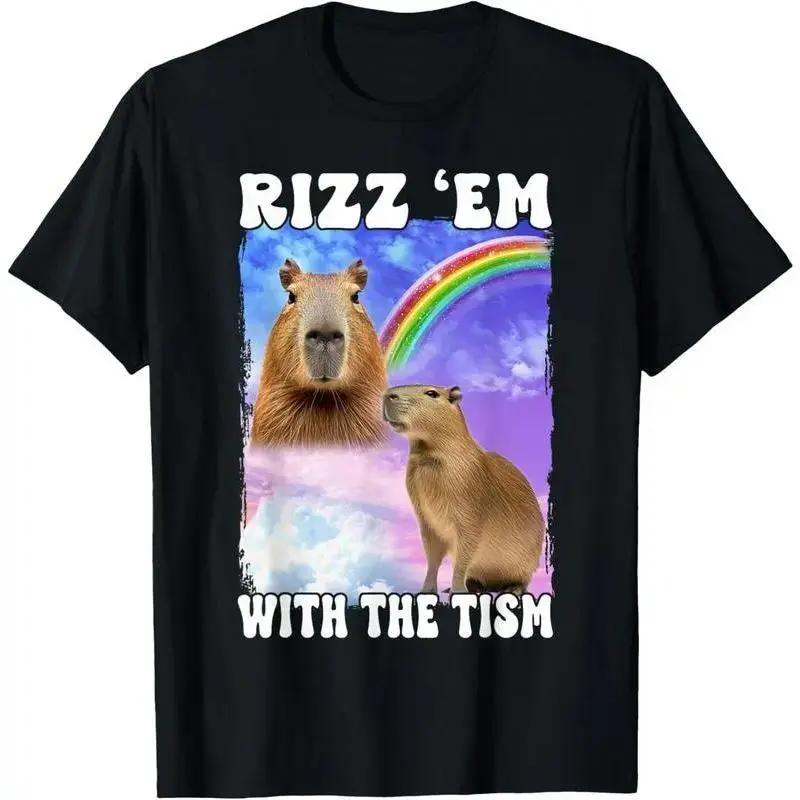 Oversized Graphic T-Shirt, 100% Cotton "Rizz 'Em With The 'Tism" Meme Print, Unisex Loose-Fit Breathable Short Sleeve Tee, Clothes