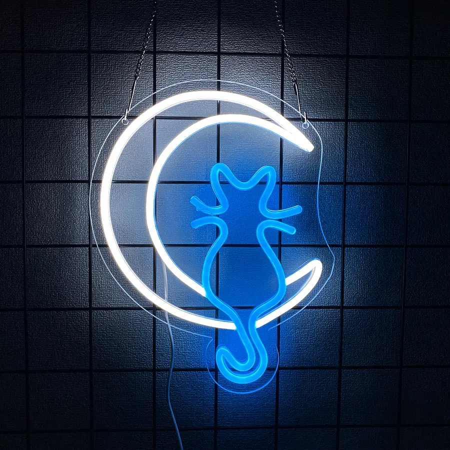 Moon Cat Neon Signs for Wall Decor White Blue LED Light Sign for Preppy Room Decor Light Up Sign for Birthday Party Decoration USB Powered LED Neon Lights Home Decor Light