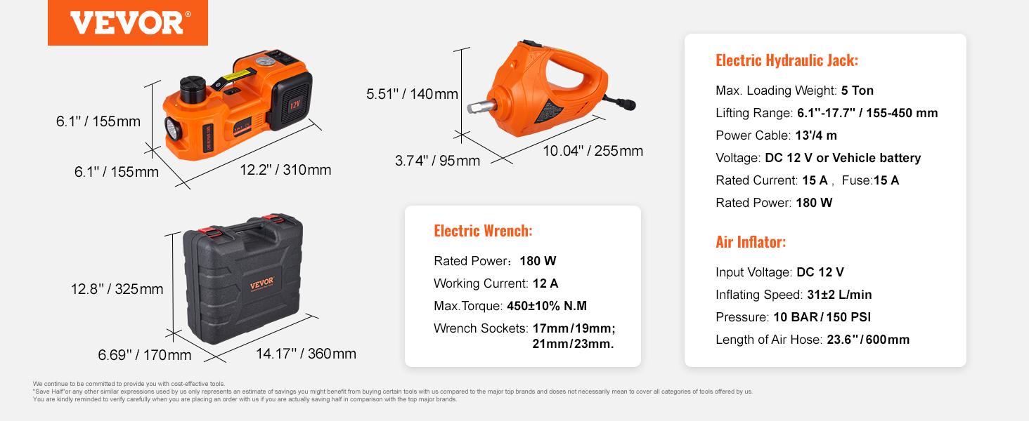 VEVOR  Electric Car Jack Set, TikTokShopBlackFriday, Max 5 Ton/11023 LBS Hydraulic Jack/Scissor Jack  with Electric Impact Wrench, Built-in Inflatable Pump and LED Light, Portable Car Lift for SUV MPV Sedan Truck Change Tires Garage Repair